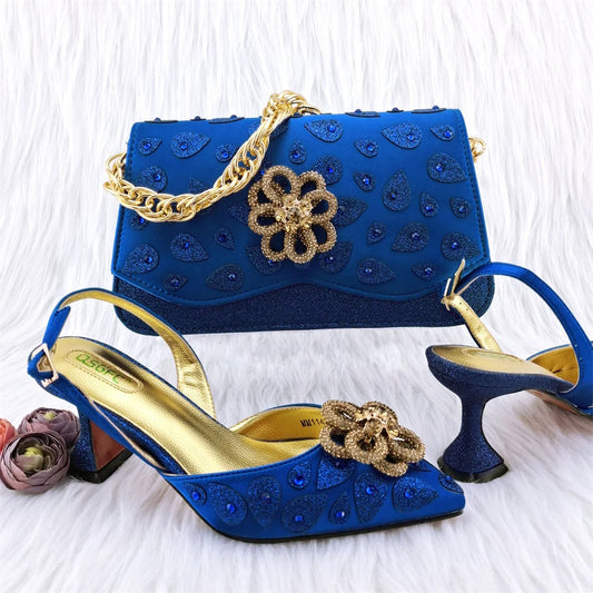 Royal Blue Color Peep Toe Italian Design Women's Shoes and Bag Set for Everyday and Banquet Party Women's Shoes And Bag Set