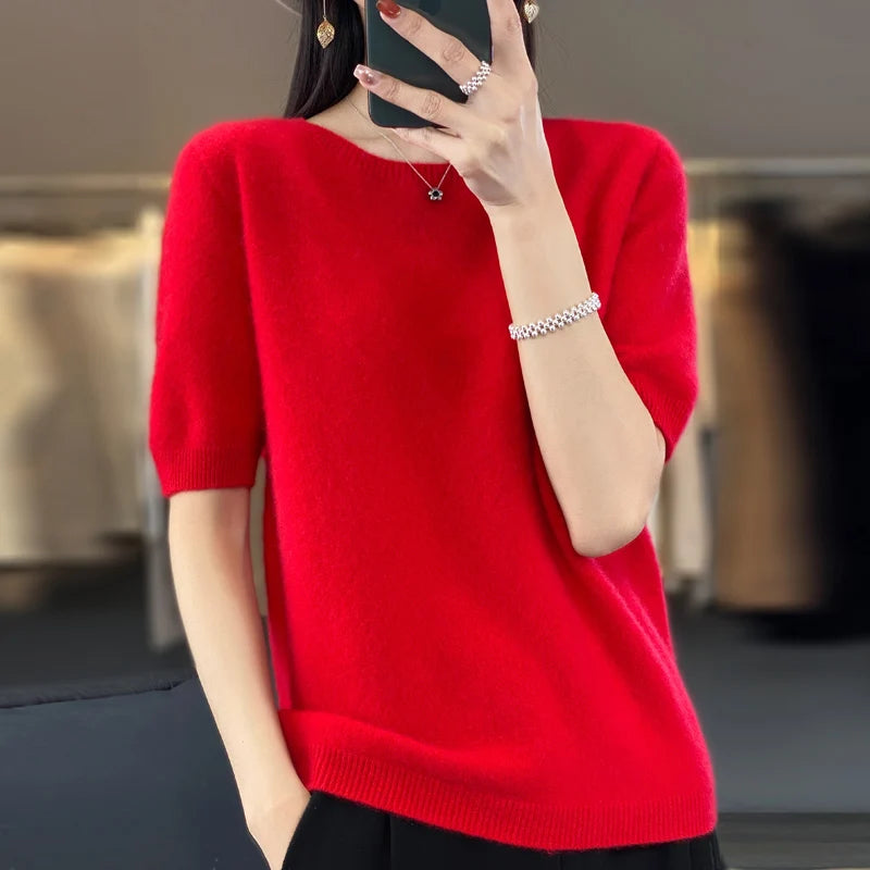 Fashion short sleeve 100% merino wool sweater basic O-neck cashmere women's knitted top pullover sweater top