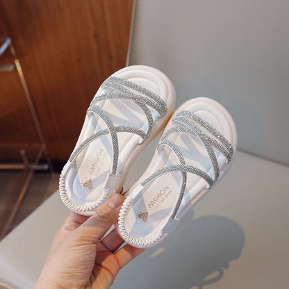 Girls Sandals Summer Luxury Rhinestone Strap Children Causal Beach Shoes Fashion Thick Bottom Kids Princess Sandals Versatile