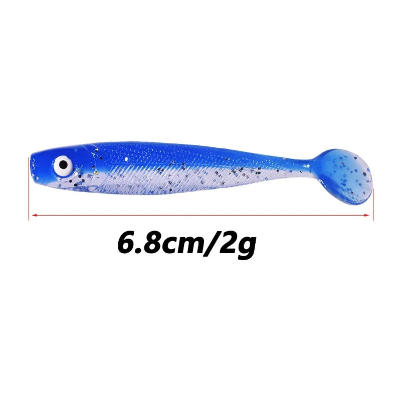 10 Pcs Fishing Double Colors Silicone 3D Eyes Soft Lure 6.8cm 2g T-tail Jig Wobblers Tackle Artificial Sequin Bait for Bass