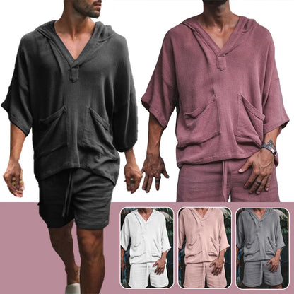 2pcs/set Men Summer Cotton Linen Shirt Set Loose Casual Tops Shorts Suit Short Sleeve Pajamas Comfy Breathable Beach Shorts