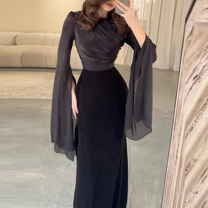 Fashion Satin Solid Robe Dress Women Elegant Batwing Sleeves High Waist Pleats Long Dress Stylish Glass Tulle Slim Evening Dress