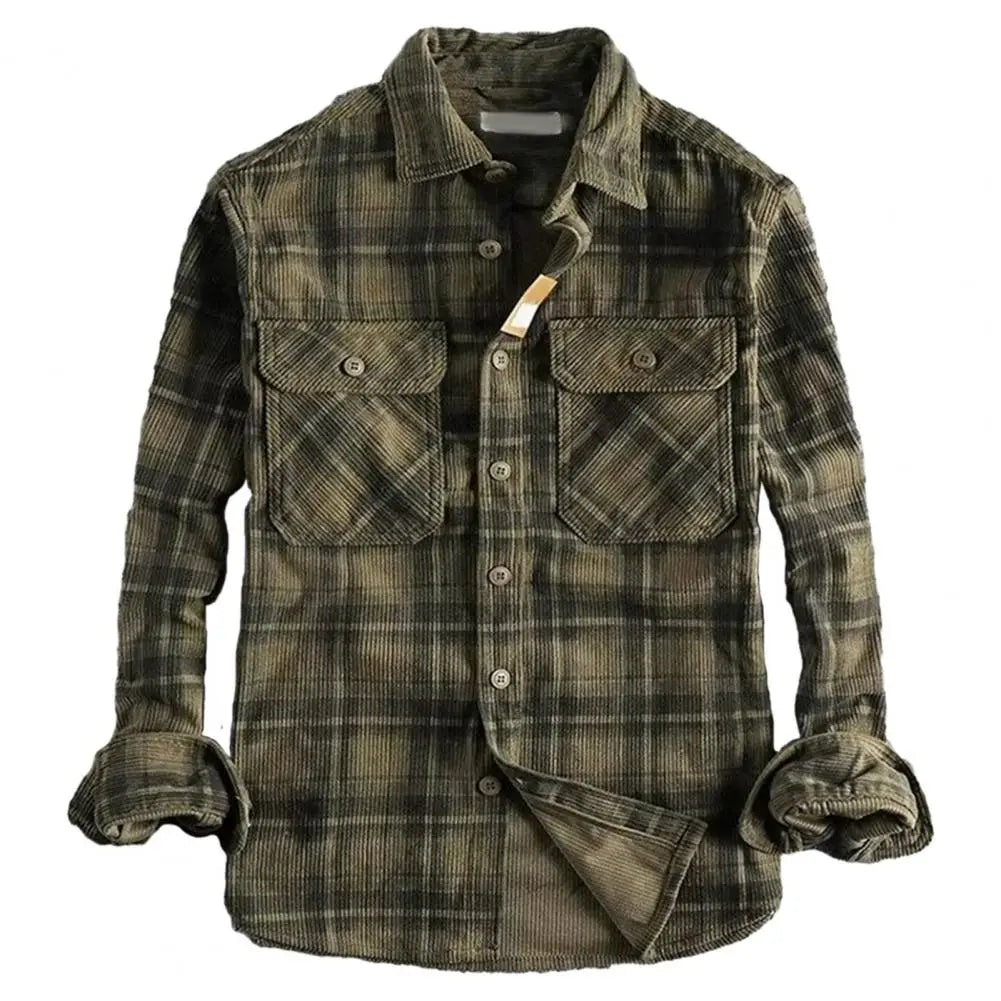 Single-breasted Shirt Plaid Print Men's Cardigan Coat Stylish Mid-length Formal Shirt with Turn-down Collar for Fall