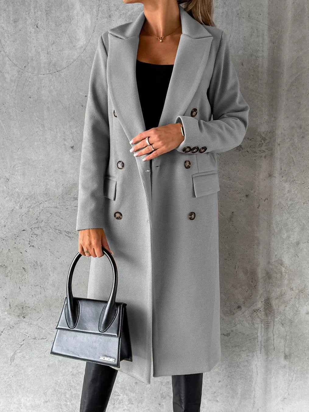Women's Spring Style New Set Versatile Woolen Coat Solid Color Long Sleeve Double breasted Insert Pocket