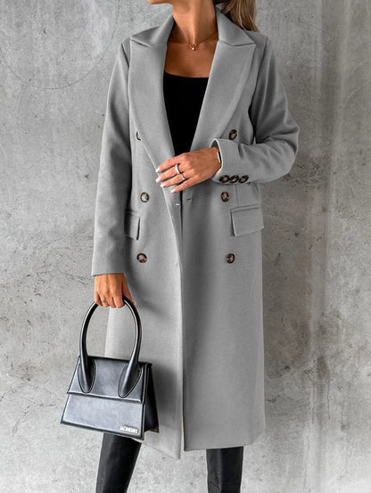 Women's Spring Style New Set Versatile Woolen Coat Solid Color Long Sleeve Double breasted Insert Pocket