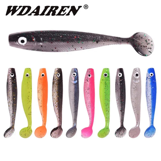 10 Pcs Fishing Double Colors Silicone 3D Eyes Soft Lure 6.8cm 2g T-tail Jig Wobblers Tackle Artificial Sequin Bait for Bass