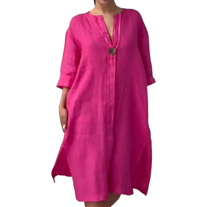 Soft Fabric Women Dress Button V-neck Dress Women's Loose V Neck A-line Midi Dress with Three Quarter Sleeves for Wear