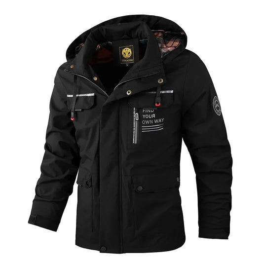 Men's Outdoor Sports Spring and Autumn Cross-Country Camping Hooded Jacket Casual Fashion Premium Slim-Fit Soft-Shell Jacket 6XL