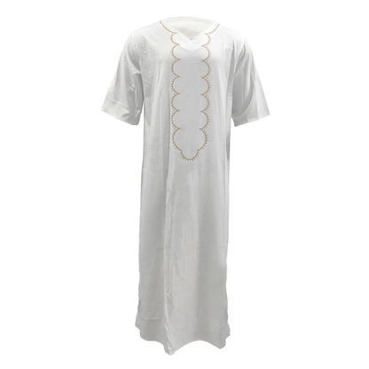Men Muslim Summer Fashion Loose Robe Islam Kaftan Men Clothing Dubai Luxury Muslim Abaya Muslim V-neck Short Sleeve Printing