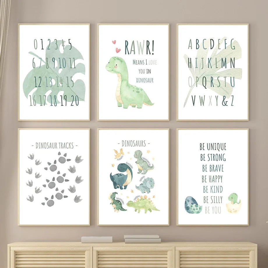 Cartoon Dinosaur Numbers Alphabet Jurassic Dino Nursery Posters Print Canvas Painting Wall Art Picture Baby Kids Room Home Decor