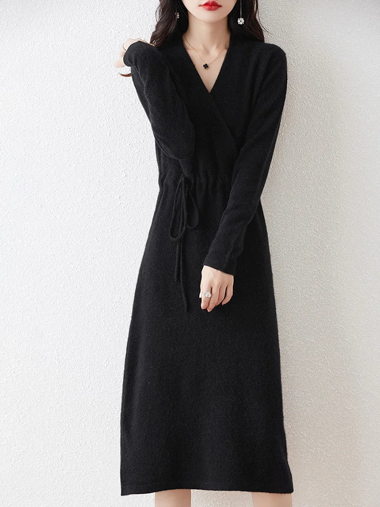 100% Wool Knitting Dresses Women 2023  Winter New Fashion Length-keen Warm&Best Quality Female V-neck Cloth Chinese Style Skirt