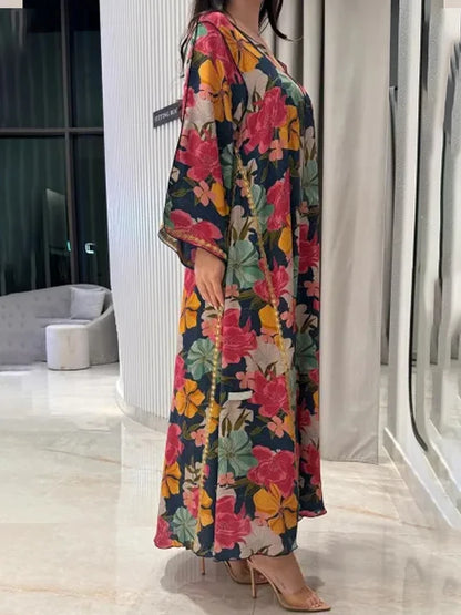Women Clothing Dress Summer Autumn Long Sleeve Female Robe Dress Loose Causal Flowers Printed Ladies Long Dress Muslim Dress