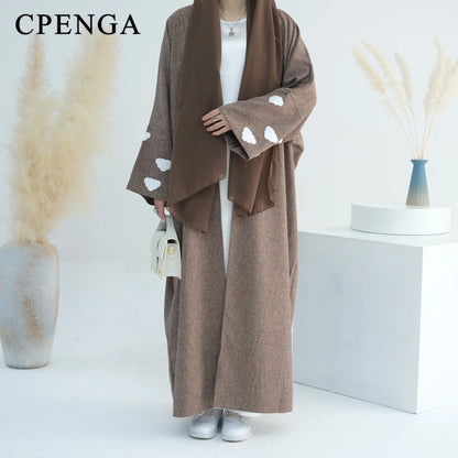 Saudi Clouds Open Abaya Elegant Eid Muslim Modest Coat for Women Islam Turkey Embroidery Dress Cotton Linen Long Sleeve Clothing