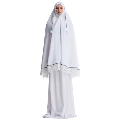 2 Pcs Muslim Women Solid Color Lace Long Hijabs Abaya Ankle Length Arab Lady Modest Tube Skirts Prayer Ramadan Eid Clothes