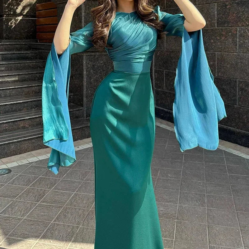 Fashion Satin Solid Robe Dress Women Elegant Batwing Sleeves High Waist Pleats Long Dress Stylish Glass Tulle Slim Evening Dress