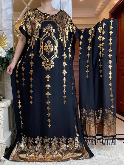 2024 Summer Short sleeve Dress Pure Cotton Gold Stamping Loose Abaya Maxi Islam Dress With Tassels Big Scarf African Long Dress