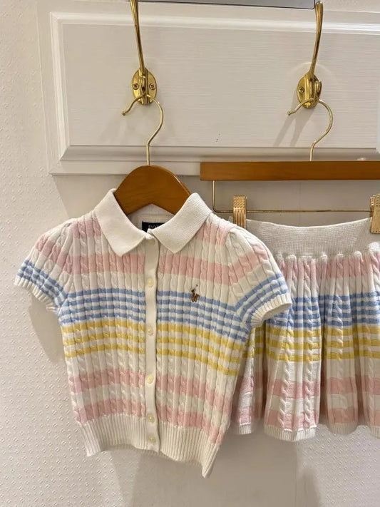 Spring Summer New Arrival Kids Knitted Ice Cr  ort Sve Cardigan Skirt Set Cotton Korean Sle Children's Clothing