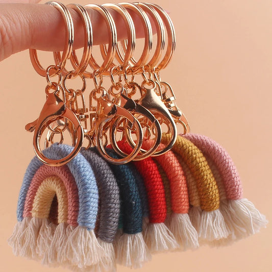 Lovely Hand Knitted Rainbow Tassel Keychain For Women Girl Cute Weave Key Ring Pendant Handbag Hanging Decoration Car Key Charms