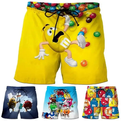 Funny M&M's Chocolate Bean Beach Shorts Men 3D Printing M&M Board Swimsuit Summer Quick Drying Sport