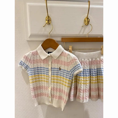 Spring Summer New Arrival Kids Knitted Ice Cr  ort Sve Cardigan Skirt Set Cotton Korean Sle Children's Clothing