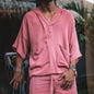 2pcs/set Men Summer Cotton Linen Shirt Set Loose Casual Tops Shorts Suit Short Sleeve Pajamas Comfy Breathable Beach Shorts
