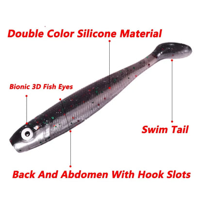 10 Pcs Fishing Double Colors Silicone 3D Eyes Soft Lure 6.8cm 2g T-tail Jig Wobblers Tackle Artificial Sequin Bait for Bass