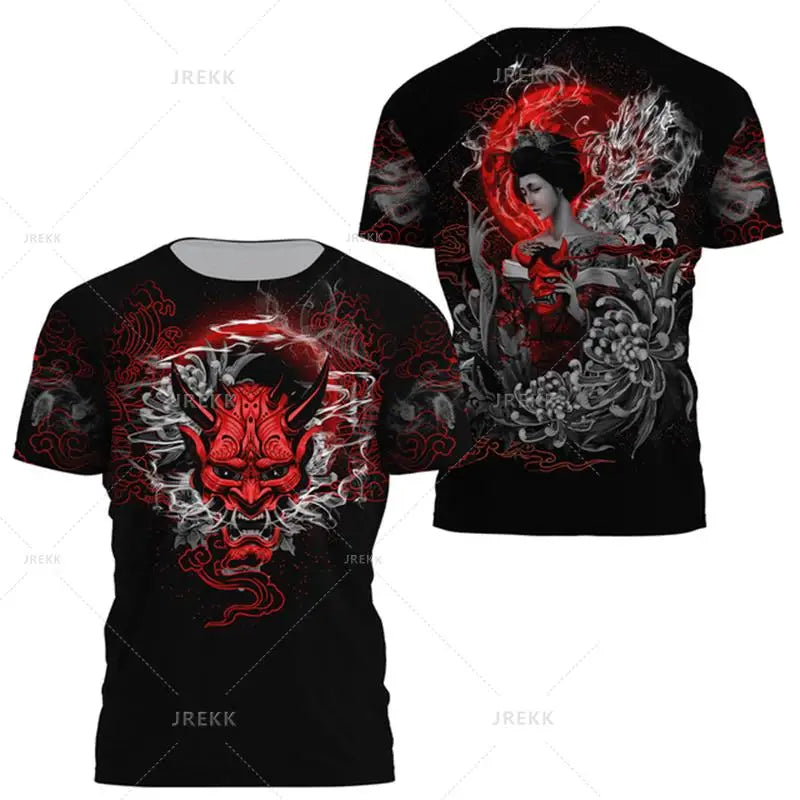 Japanese Harajuku Printed T Shirt For Men Fashion Samurai Mask Graphic T shirts Summer Leisure O-neck Pullover Oversized Topsy2k