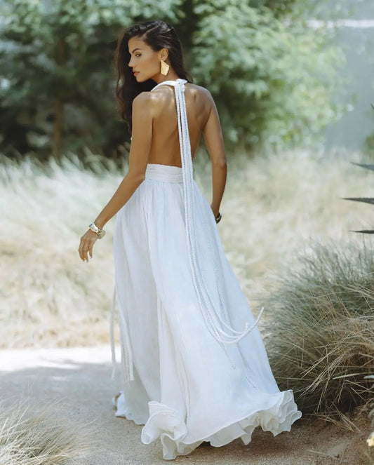 Canwedance Solid Color Bandage Maxi Dress Sleeveless Open Back Holiday Vestidos Female Deep V Neck Backless Halter Dresses