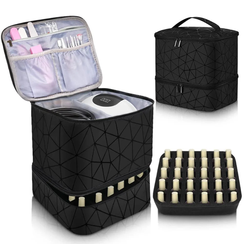 30 Grids PU Nylon Makeup Bag Double Layer Handbag Manicure Bag with Handle Professional Nail Case Travel Cosmetic Organizer Bag