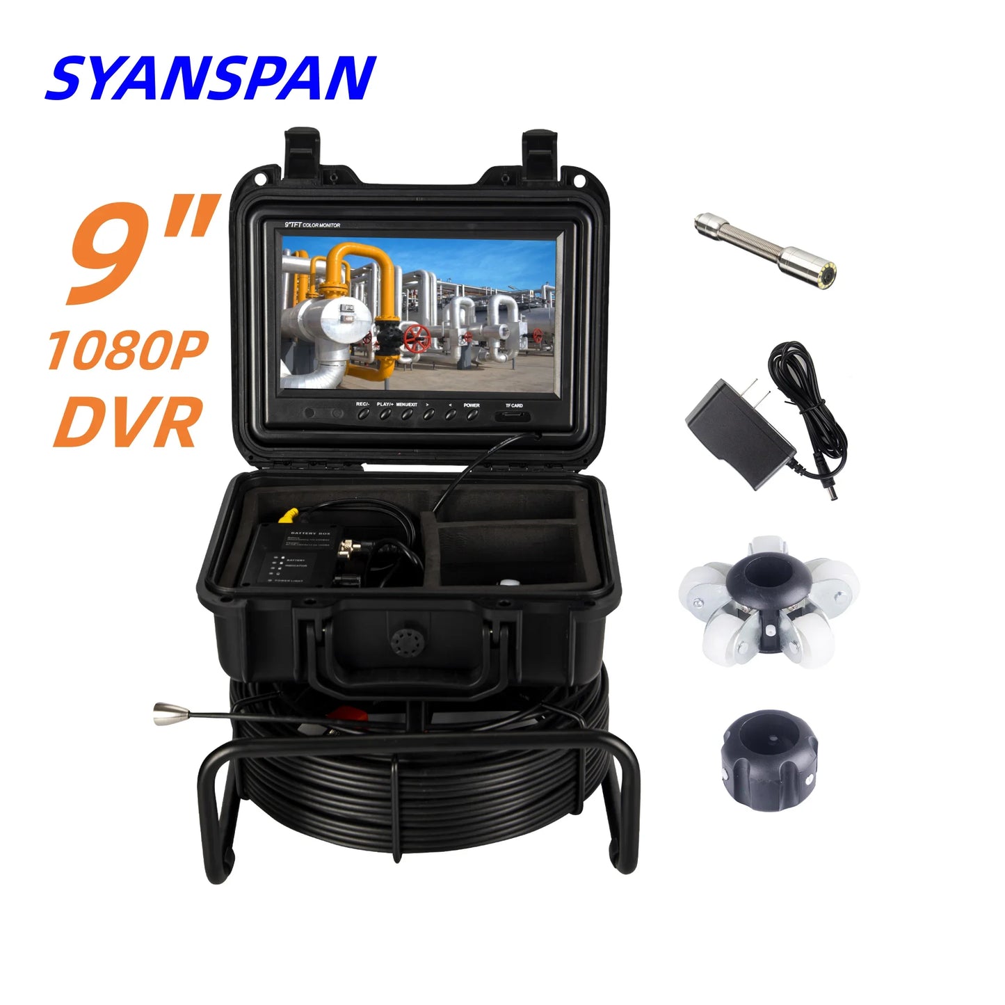 Sewer Pipe Inspection Camera DVR Video SYANSPAN 9inch HD1080P Screen+8X Zooms, Drain Industrial Endoscope Camera IP68 waterproof