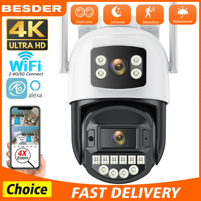 10MP IP Camera Outdoor 5G WiFi Camera 4X Zoom 4K 8MP HD Dual Lens Two Way Audio AI Auto Tracking CCTV Video Surveillance Camera