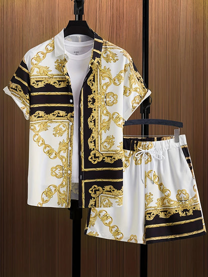 Summer Men's Short Sleeve Shirt And Beach Shorts Set Ethnic Print Outdoor Street Men's Fashion Shorts Men's Short Sleeve Shirt