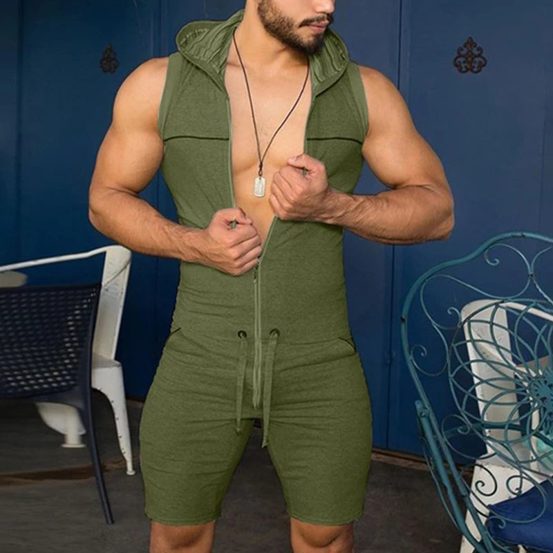Men's Casual Sleeveless Jumpsuit Breathable Bodysuit Zipper Hooded Rompers Shorts Skinny Home Wear Tracksuit Pajamas 2025 New