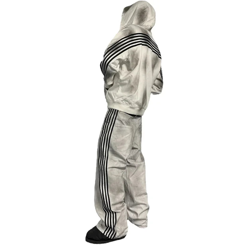 Y2K Cotton Sweatshirt clothes Two Piece streetwear high quality Striped Embroidery Baggy Jeans Net Red Fashion Tide Hoodie Set