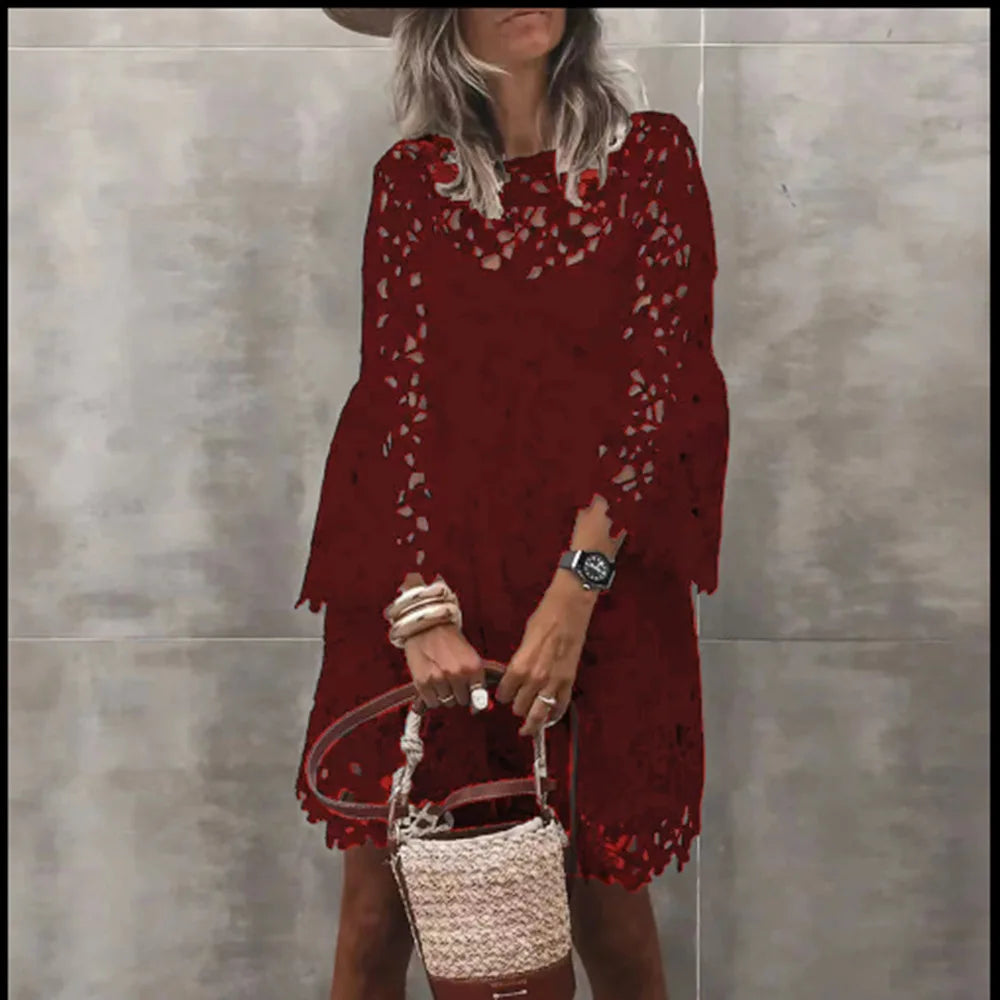 Autumn Women's Solid Color Dress Ethnic Style Sexy Lace Hollow Flower Temperament Elegant Casual Long Sleeved Knee Length Dress