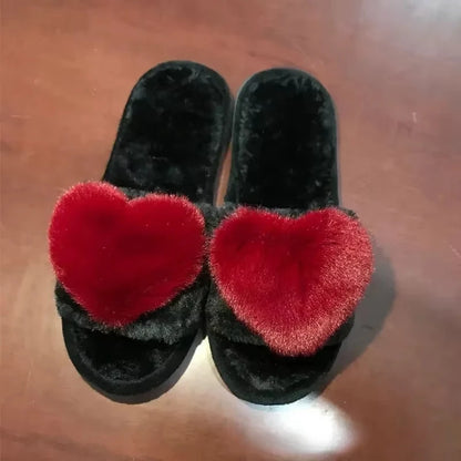 Women Warm Home Slippers Men Indoor Bedroom Cute Heart Pattern Slides Adults Non-slip Plush House Sandals Couples Fashion Shoes