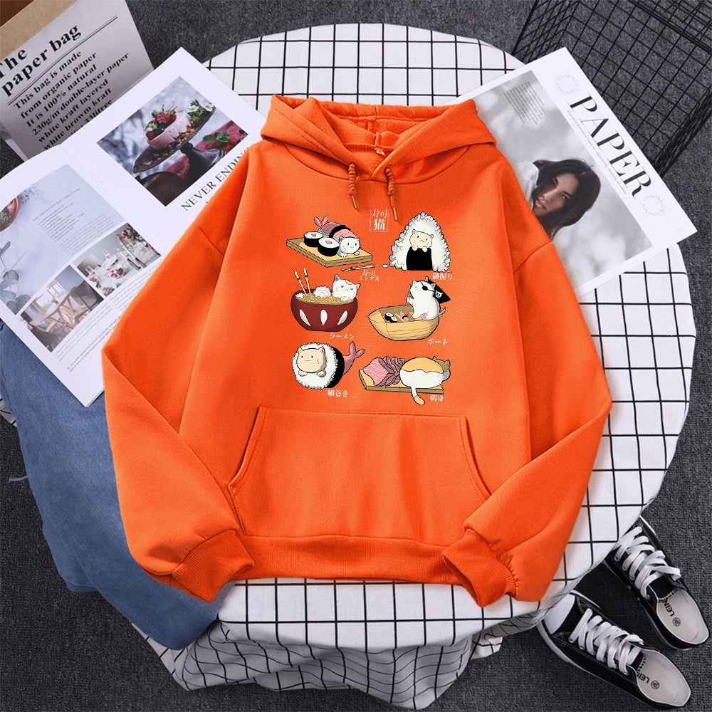 Sushi Cat's Day Harajuku Printed Hoody Womens Fashion Loose Clothing Autumn Fleece Sweatshirt Casual O-Neck Female Streetwear