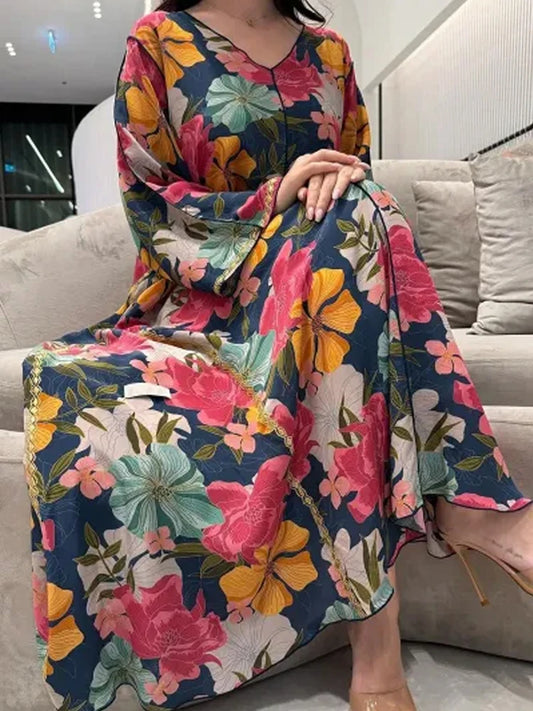 Women Clothing Dress Summer Autumn Long Sleeve Female Robe Dress Loose Causal Flowers Printed Ladies Long Dress Muslim Dress