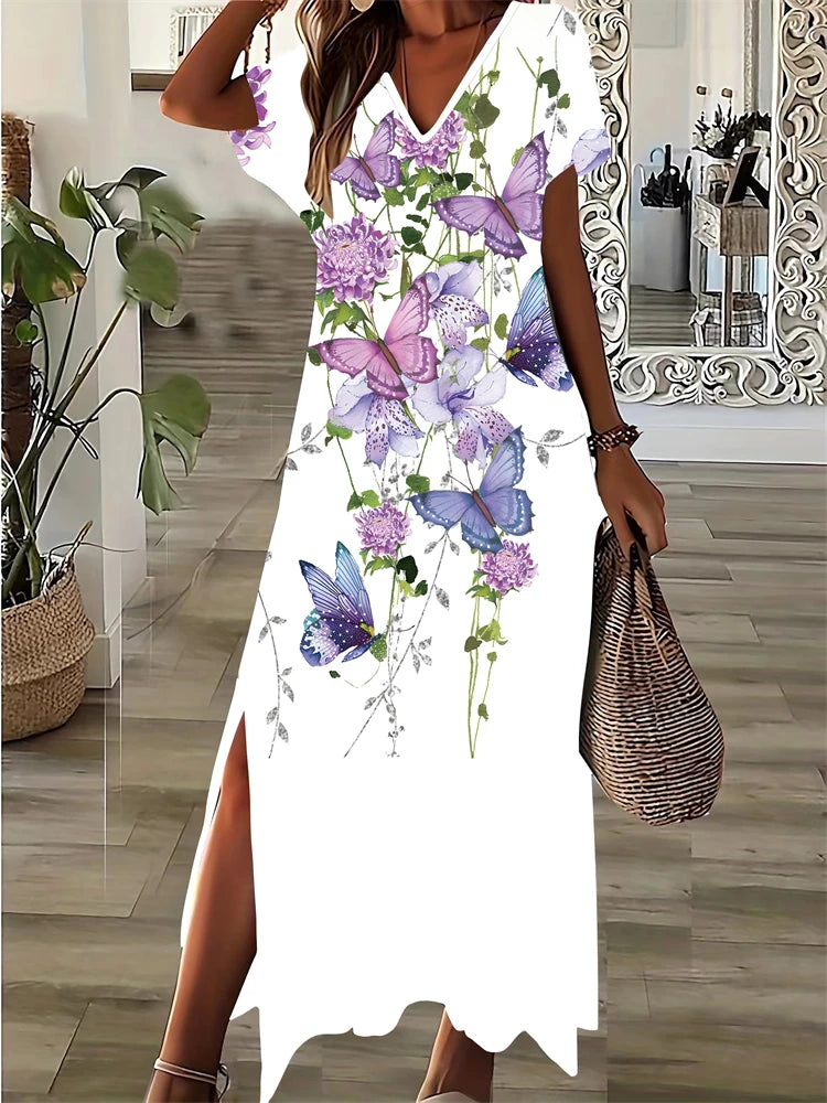 Vintage Geometric Irregular Printed T Shirt Long Women's Summer V-Neck Short Sleeve A-Line Dress Casual Vacation Slit Long Gowns