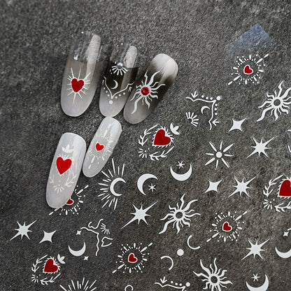 8Pcs Red Heart Nail Stickers 3D Bronzing Silver Gold Heart Shape Star & Moon Metal Totem Nail Slider Self-Adhesive DIY Nail Art*