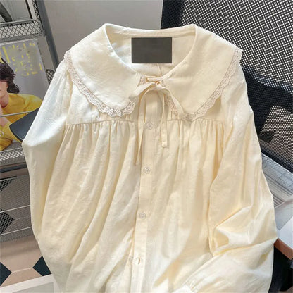 Xpabb Sweet Lace Floral Turndown Collar Shirt Woman Autumn Long Sleeve Loose Casual Blouse for Women All-match Buttons Shirts