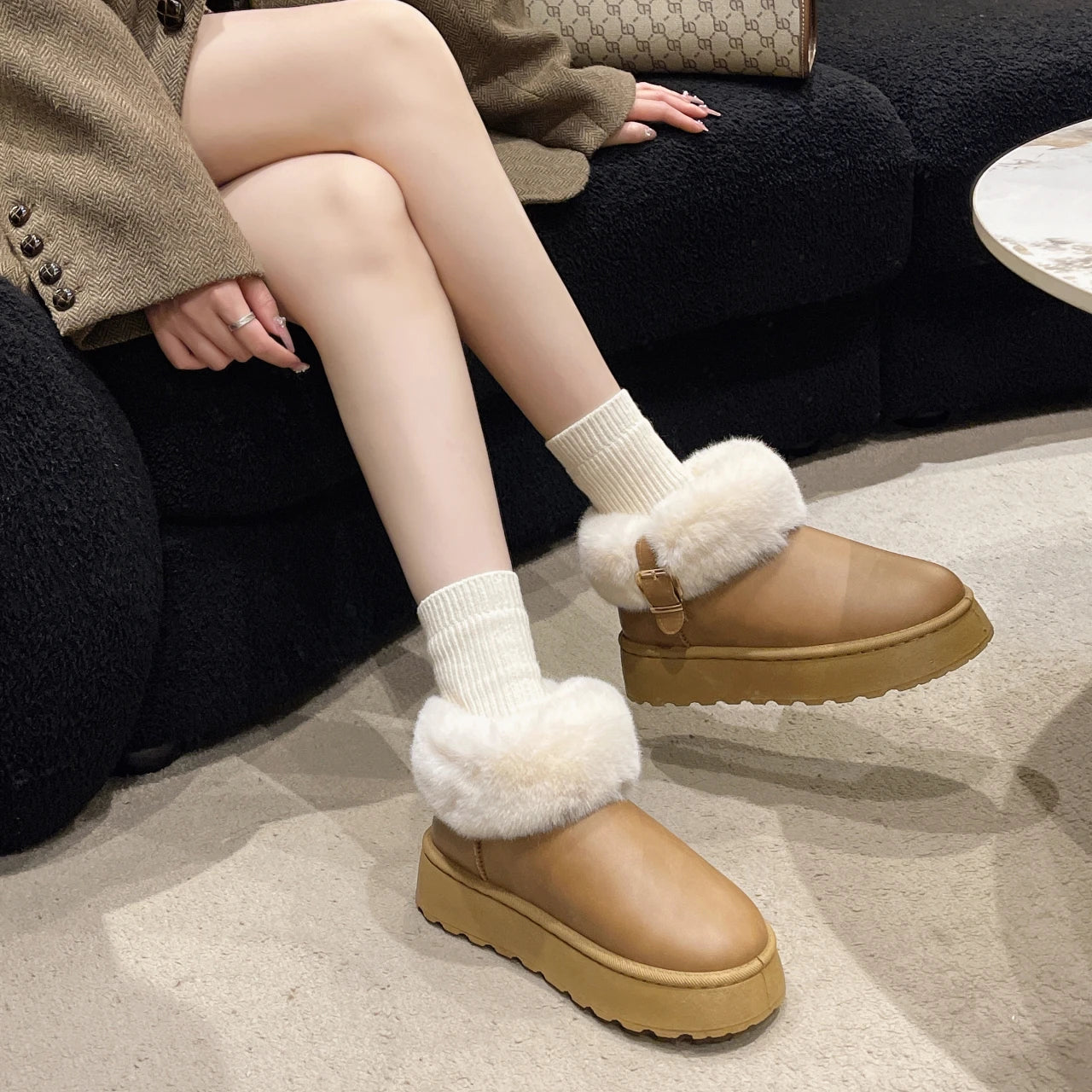 Pu Leather Waterproof Snow Boots for Women Winter Warm Plush Platform Ankle Boots Woman Thick Bottom Faux Fur Cotton Shoes