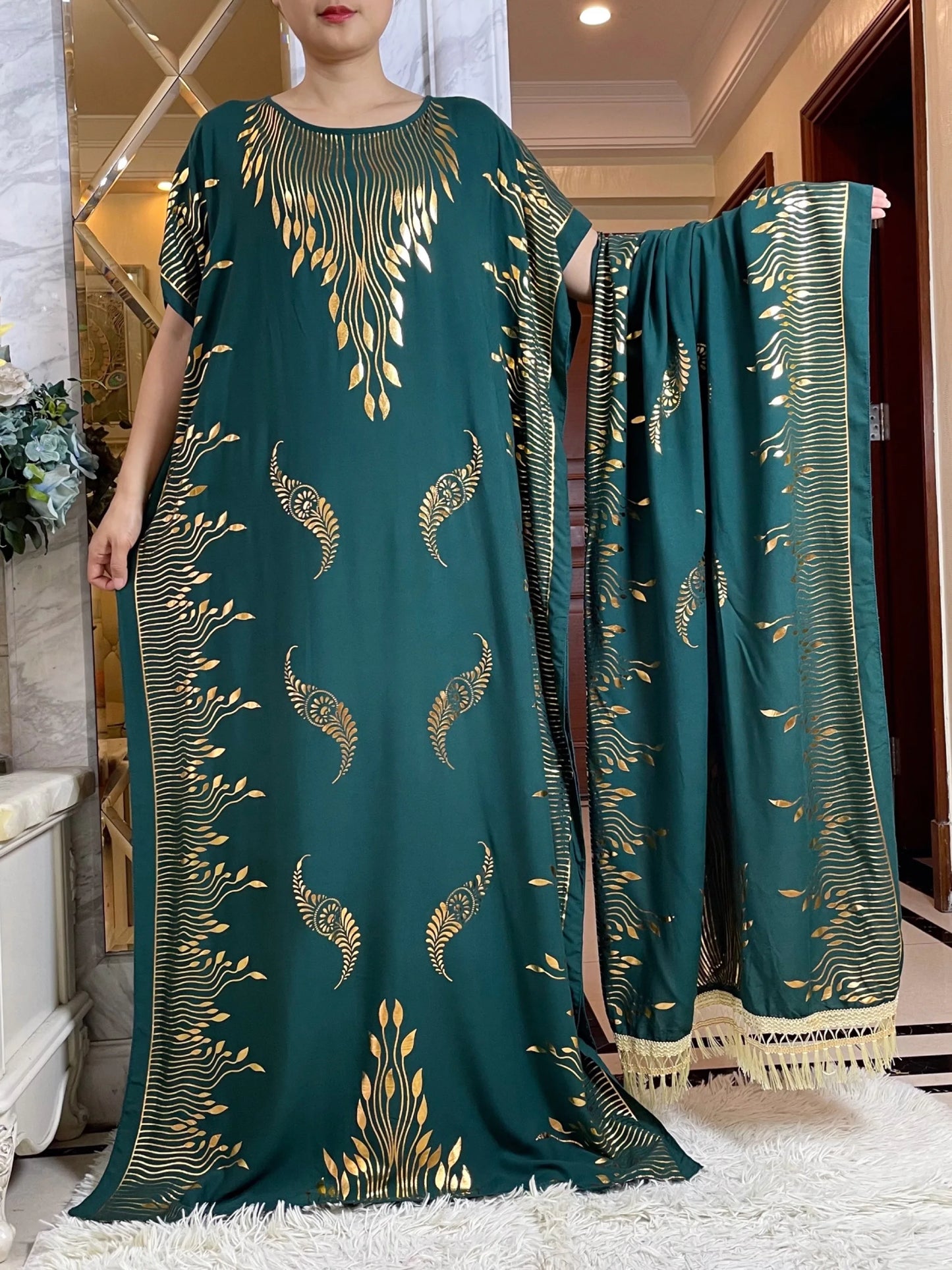 2024 Summer Short sleeve Dress Pure Cotton Gold Stamping Loose Abaya Maxi Islam Dress With Tassels Big Scarf African Long Dress