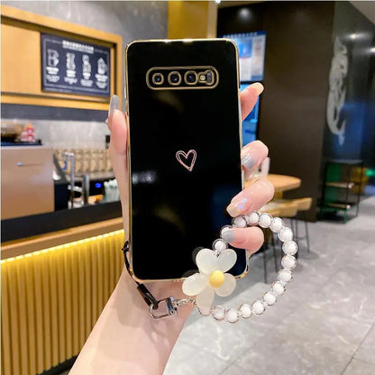 S 10 8 9 Love Heart Flower Strap Case On For Samsung Galaxy S10 S9 S8 Plus S 10plus s9 s8plus s10 s 8 s 9plus s9 Cover s10plus