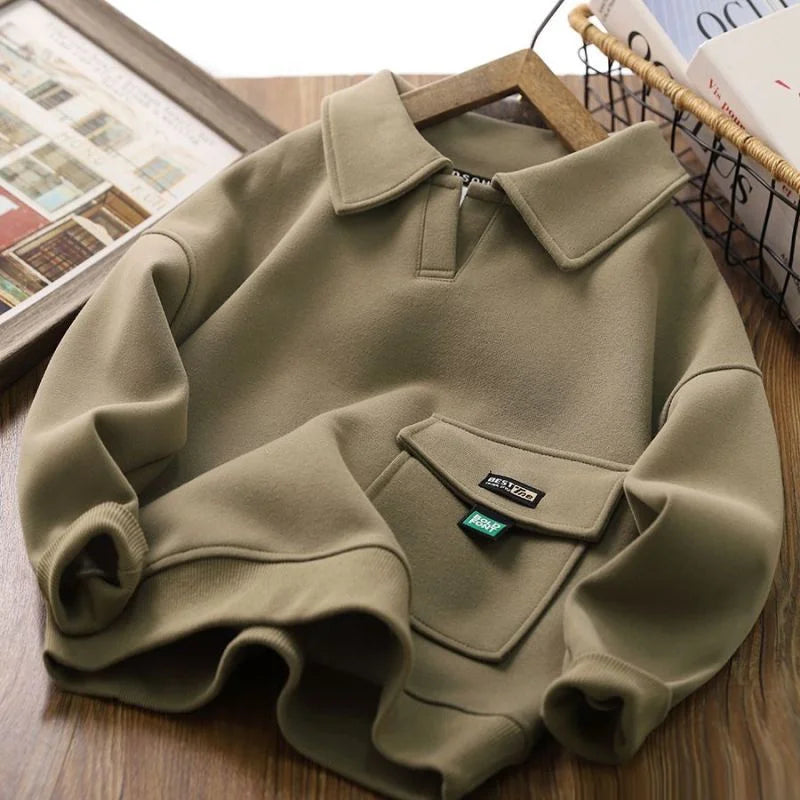 Spring Autumn Sweatshirt Boys Flip Neck Head Pullover Children's Casual Fashion Top 2024 New Teenagers Solid Color Clothes 4-14Y