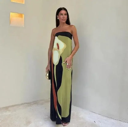 Fashion Loose Off Shoulder Contrast Color Dresses Summer Avocado Print Strapless Dress Women 2024 Sexy Ladies Holiday Streetwear