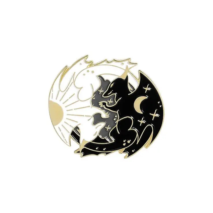 Cartoon Black White Animal Hug Enamel Pins Fox Koi Fish Dinosaur Deer Rabbit Crescent Ghost Alloy Brooch Badge Fashion Jewelry