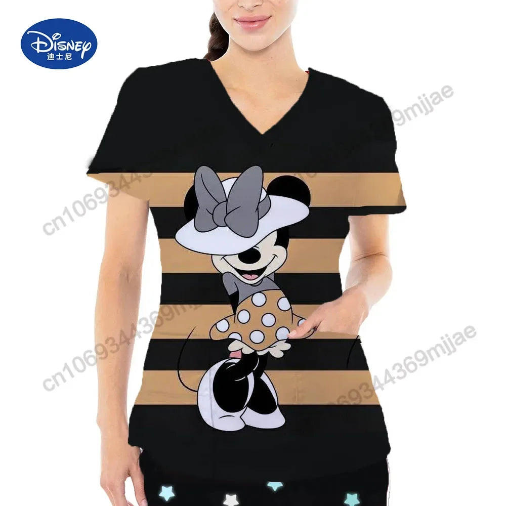 2024 Summer New Disney Cartoon Pattern Top Fashion V-neck Double Pocket Design Style T-shirt Casual Comfortable Women's Wear