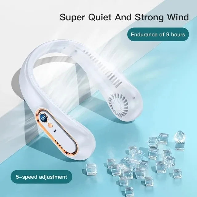 Neck bladeless fan mini ultra long lifespan portable lazy silent fan USB charging student sports office digital display power su