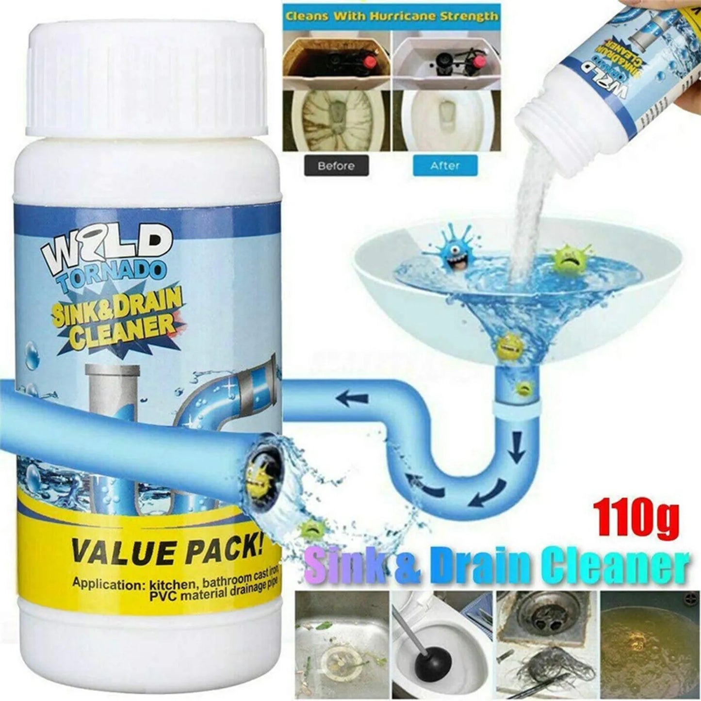 3pcs WildTornado Powerful Sink&Drain Cleaner High Efficiency  Clog Remover